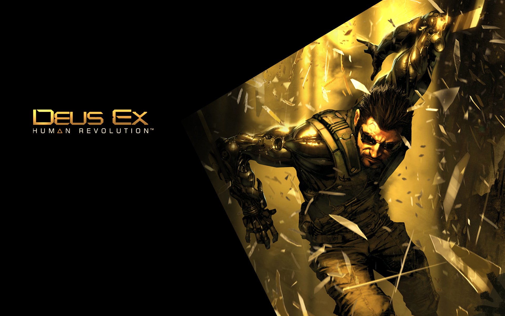 Deus Ex: Human Revolution video game HD PC wallpaper — augmented protagonist in gold-and-black suit breaking through glass shards beside the game logo.