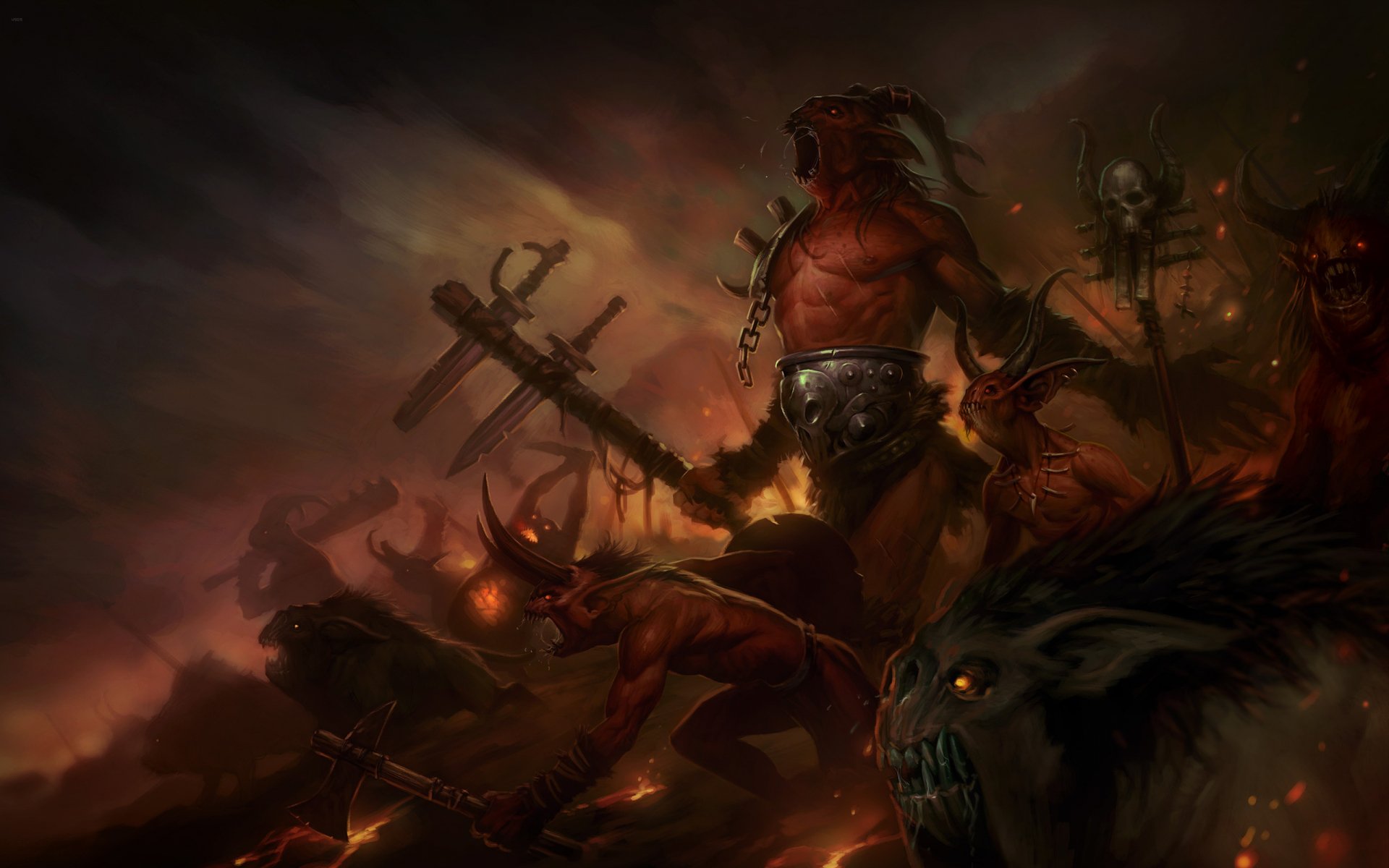 HD PC desktop wallpaper featuring a fierce demon from the video game Diablo III, surrounded by dark, fiery, and ominous imagery.