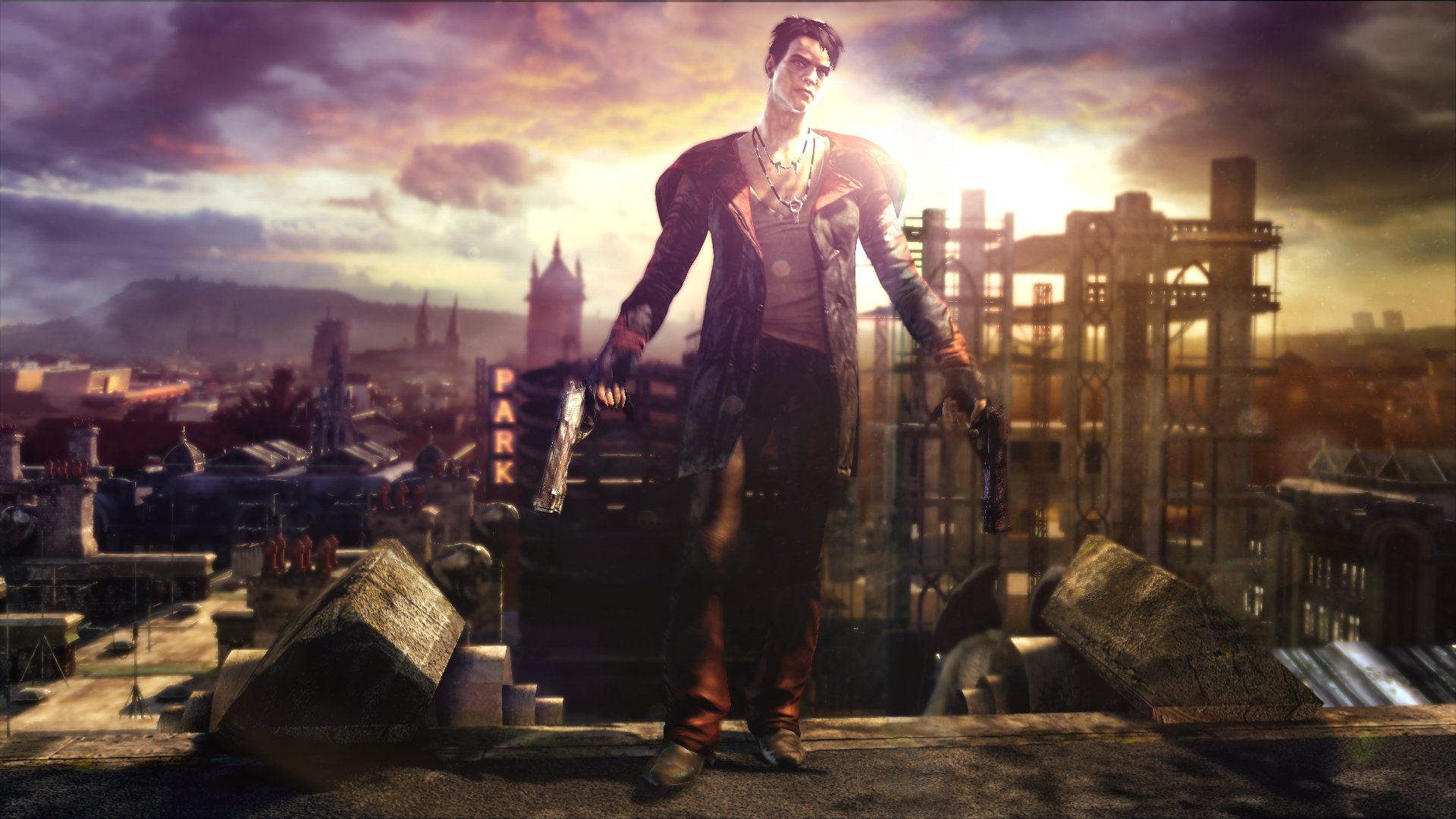 HD PC desktop wallpaper from the video game DmC: Devil May Cry showing Dante standing on a ruined rooftop at sunset, pistols drawn against a gritty dystopian city skyline.