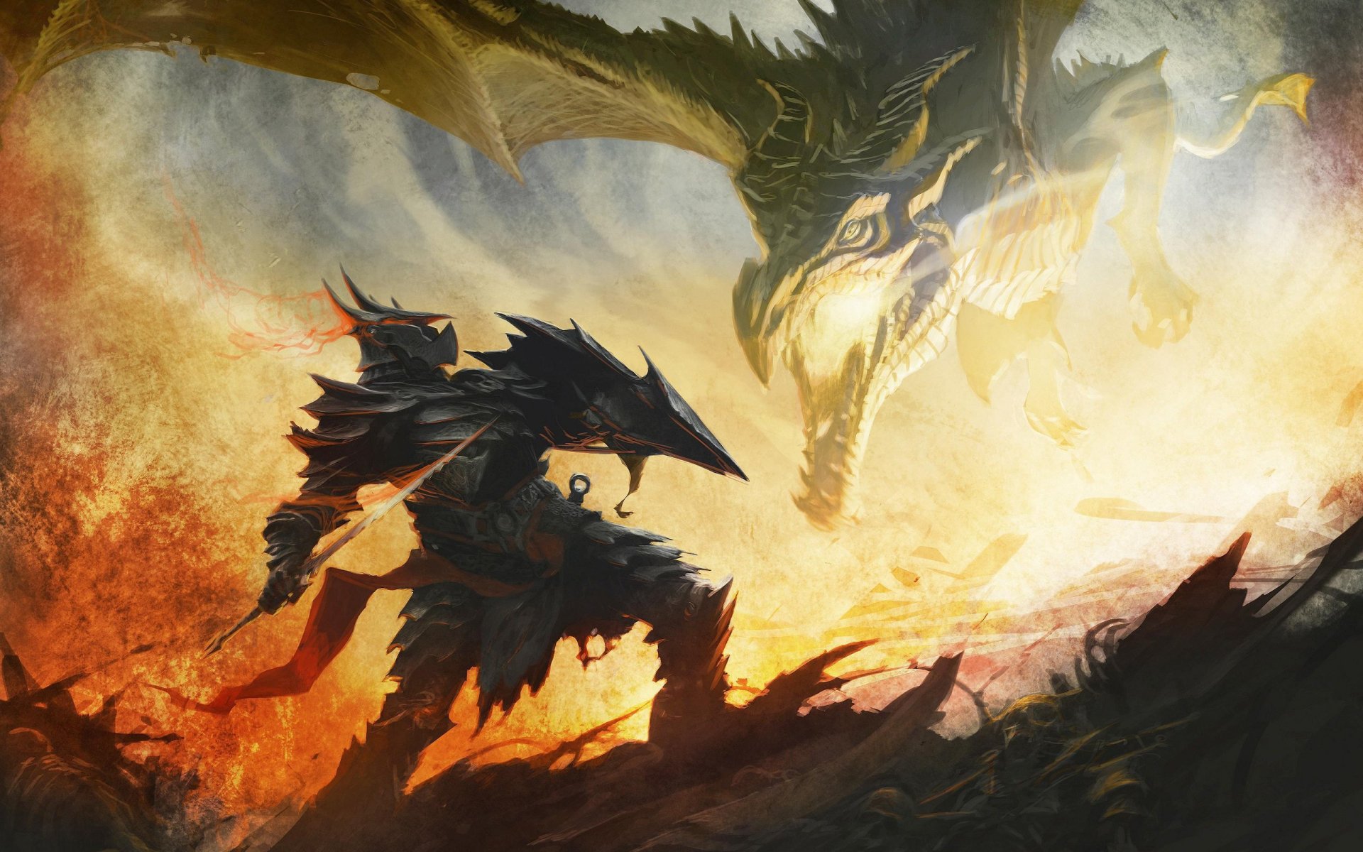 A vibrant HD desktop wallpaper from The Elder Scrolls V: Skyrim, featuring a dramatic scene of a warrior facing a majestic dragon amidst a fiery battlefield.
