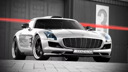 Silver Mercedes sports car parked before industrial garage doors, red light streak and large 3 in background — 2K Quad HD PC desktop wallpaper/background.