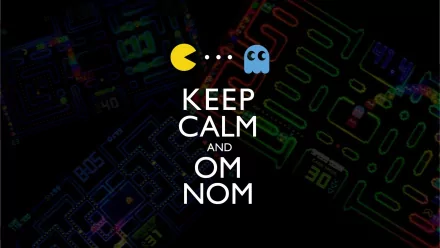 HD PC desktop wallpaper featuring Pac-Man and a ghost with the text Keep Calm and Om Nom on a dark video game maze background.