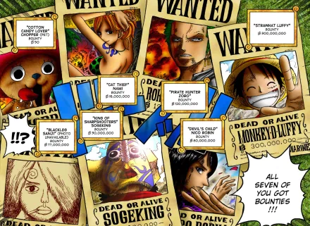 HD desktop wallpaper featuring an anime-style One Piece wanted poster collage showcasing main characters and their bounty amounts.