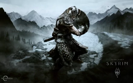A high-definition desktop wallpaper for The Elder Scrolls V: Skyrim featuring a warrior in a mountainous, snow-covered landscape, holding a shield with dramatic clouds in the background.