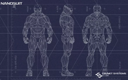 Blueprint-style HD PC desktop wallpaper showing a three-view schematic of the Nanosuit from the video game Crysis, with CryNet Systems logo.