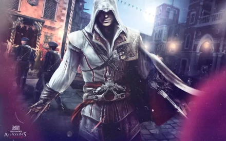 Assassin's Creed II video game HD PC desktop wallpaper: Ezio Auditore in white hooded robes walking a moonlit Renaissance street, dramatic lighting and blurred foreground.