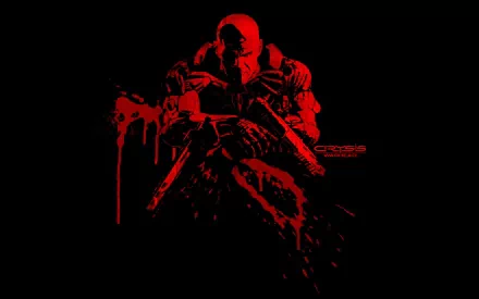 HD PC desktop wallpaper of the video game Crysis Warhead: red-stenciled soldier clutching a rifle against a black background with dripping, splattered paint effects.