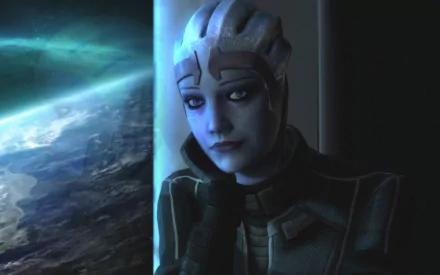 HD wallpaper featuring Liara T'Soni from the video game Mass Effect 3, showcasing her thoughtful expression against a stunning cosmic backdrop.