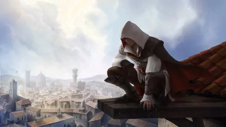 A striking HD wallpaper from Assassin's Creed II, featuring a hooded character perched on a rooftop, surveying the intricate architecture of a vibrant cityscape below.