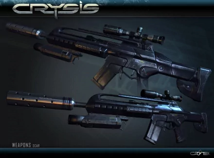 Crysis video game 2K Quad HD PC desktop wallpaper: two futuristic black tactical rifles with scopes and suppressors on a dark metallic background.