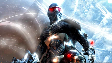 HD PC desktop wallpaper/background from the video game Crysis: armored Nanosuit soldier with glowing red visor and weapons against an icy, high-tech battlefield.