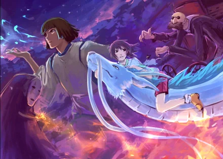 A vibrant HD wallpaper featuring Chihiro on a blue dragon from Spirited Away, surrounded by characters from the anime, capturing the enchanting essence of the film.