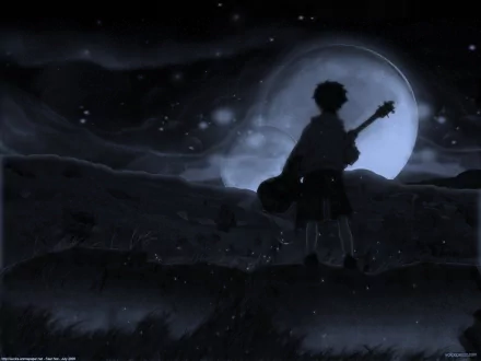 A silhouette of a figure holding a guitar stands against a large moon, set in a dark, atmospheric landscape inspired by FLCL. HD Anime wallpaper evoking a sense of nostalgia.