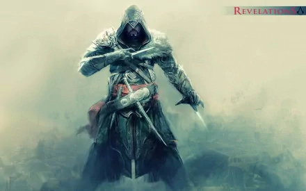 HD PC desktop wallpaper/background: hooded assassin from the video game Assassin's Creed: Revelations, cloaked figure with hidden blade and pistols emerging from mist.