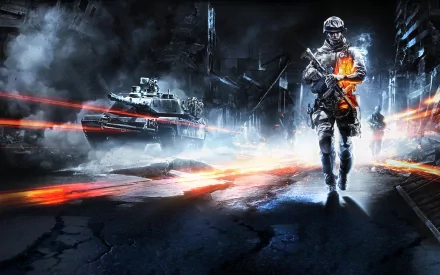 Battlefield 3 video game HD PC desktop wallpaper/background: armored soldier with glowing chest and rifle strides down a burning, war-torn street as a tank fires and tracer rounds streak by.