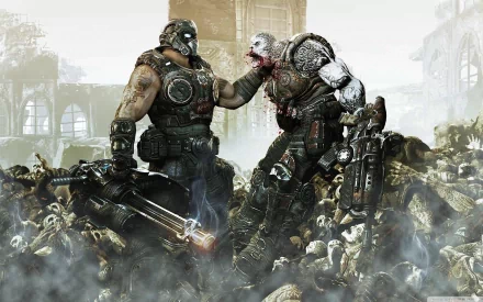 Two armored characters from Gears of War 3 engage in a confrontation amidst a chaotic battlefield filled with fallen enemies, capturing the intense atmosphere of the game in this HD PC wallpaper.