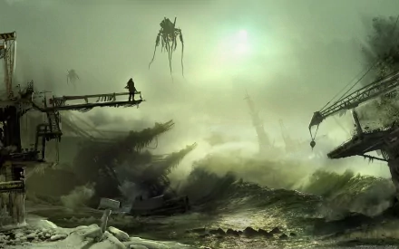 HD PC desktop wallpaper from the video game Killzone 3, depicting a foggy, post-apocalyptic industrial landscape with a lone figure and a floating mechanical creature.