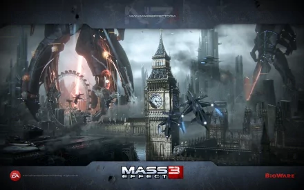 HD PC desktop wallpaper - Mass Effect 3 video game scene: Big Ben and London skyline under siege by towering Reaper machines.