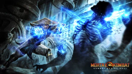 Dynamic HD wallpaper featuring a fierce battle from Mortal Kombat, showcasing a character unleashing electric power against a shadowy figure amidst a dramatic background.