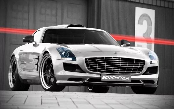 Silver Mercedes sports car parked before industrial garage doors, red light streak and large 3 in background — 2K Quad HD PC desktop wallpaper/background.
