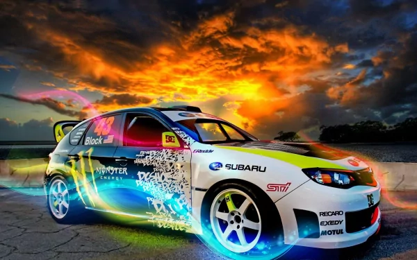 A striking HD desktop wallpaper featuring a stylish Subaru vehicle, showcasing vibrant colors and dynamic graphics against a dramatic sunset backdrop.
