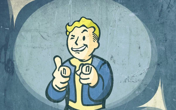 Vault Boy from the Fallout series, featuring his iconic thumbs-up pose against a textured background, serves as a vibrant HD wallpaper for fans of Fallout 3 and Fallout 4.