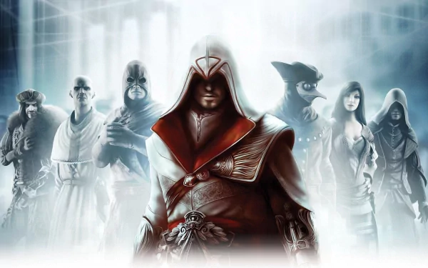 HD PC desktop wallpaper featuring the protagonist and characters from the video game Assassin's Creed: Brotherhood in a dramatic, misty setting.