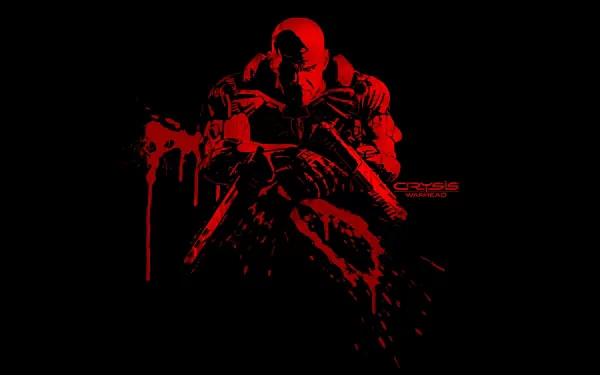 HD PC desktop wallpaper of the video game Crysis Warhead: red-stenciled soldier clutching a rifle against a black background with dripping, splattered paint effects.