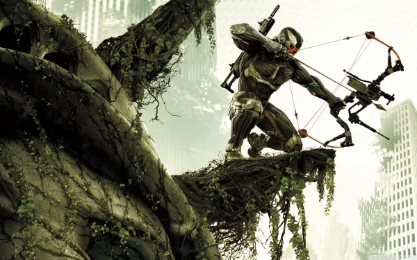 A striking HD wallpaper featuring Laurence 'Prophet' Barnes from the video game Crysis 3, poised with a bow on a moss-covered statue in a post-apocalyptic landscape.