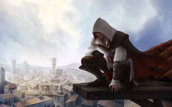 A striking HD wallpaper from Assassin's Creed II, featuring a hooded character perched on a rooftop, surveying the intricate architecture of a vibrant cityscape below.