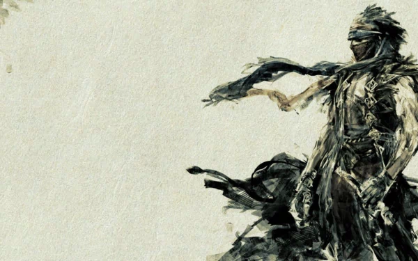An artistic HD desktop wallpaper featuring a character from the video game Prince of Persia, highlighting dynamic movement with flowing fabrics against a textured background.