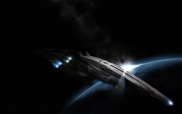 HD desktop wallpaper featuring the Normandy SR-2 spaceship from the video game Mass Effect 2 against a dark space backdrop with a glowing planet.