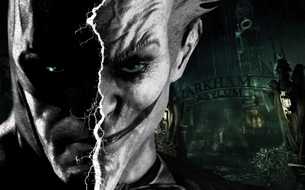 HD PC desktop wallpaper featuring a split image of Batman and the Joker from the video game Batman: Arkham Asylum with Arkham Asylum's entrance in the background.