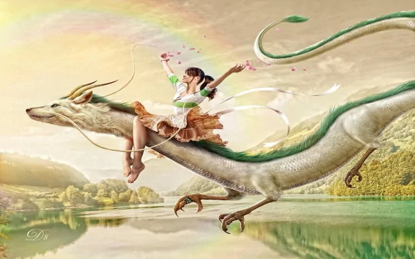 Chihiro from Spirited Away joyfully rides a majestic dragon over a serene landscape, with vibrant colors and a rainbow in the background, creating a captivating HD anime wallpaper.