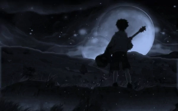 A silhouette of a figure holding a guitar stands against a large moon, set in a dark, atmospheric landscape inspired by FLCL. HD Anime wallpaper evoking a sense of nostalgia.