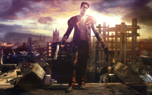 HD PC desktop wallpaper from the video game DmC: Devil May Cry showing Dante standing on a ruined rooftop at sunset, pistols drawn against a gritty dystopian city skyline.