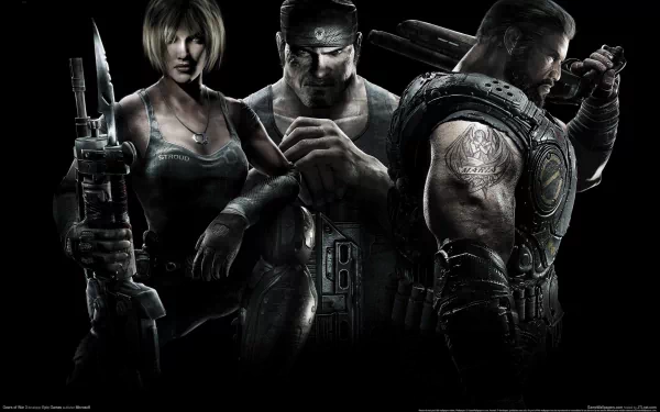 HD PC desktop wallpaper featuring three intense characters from the video game Gears of War 3, showcasing a dark, gritty atmosphere with detailed armor and weaponry.