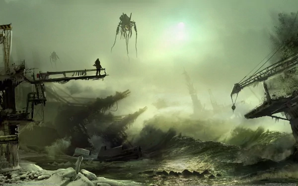 HD PC desktop wallpaper from the video game Killzone 3, depicting a foggy, post-apocalyptic industrial landscape with a lone figure and a floating mechanical creature.