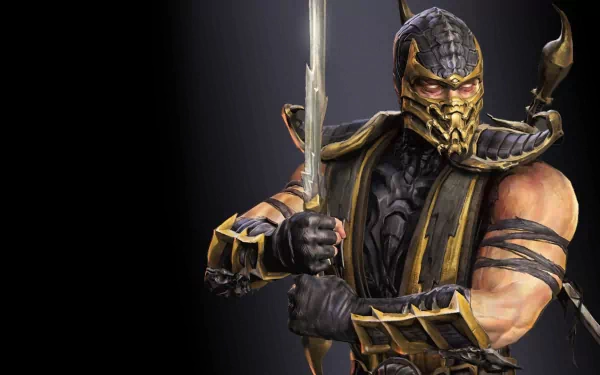 HD desktop wallpaper featuring Scorpion from the Mortal Kombat video game series, showcasing his iconic yellow and black armor and mask, holding a sword against a dark background.