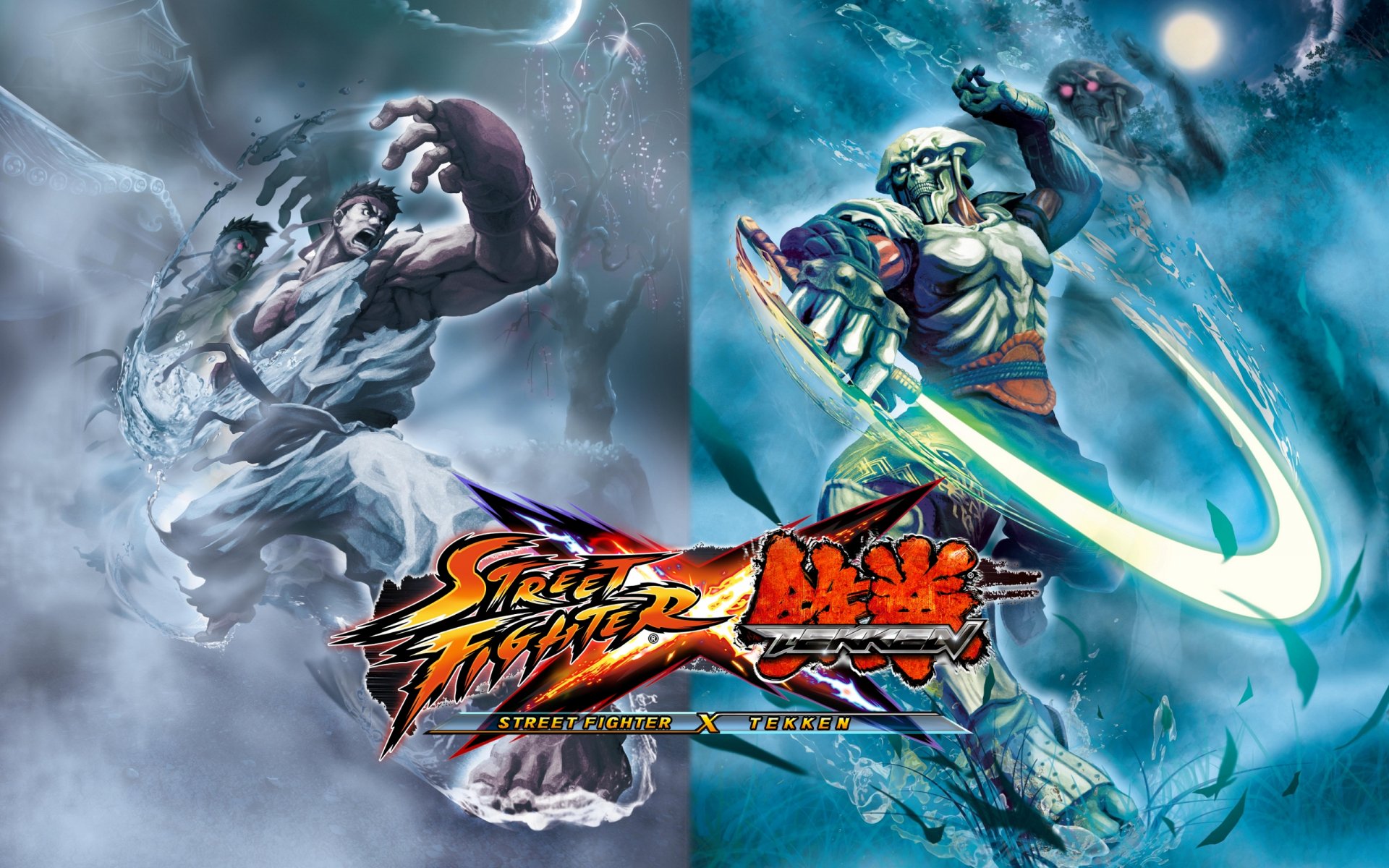 HD PC desktop wallpaper featuring characters from the video game Street Fighter X Tekken in dynamic battle poses against a split blue and gray background.