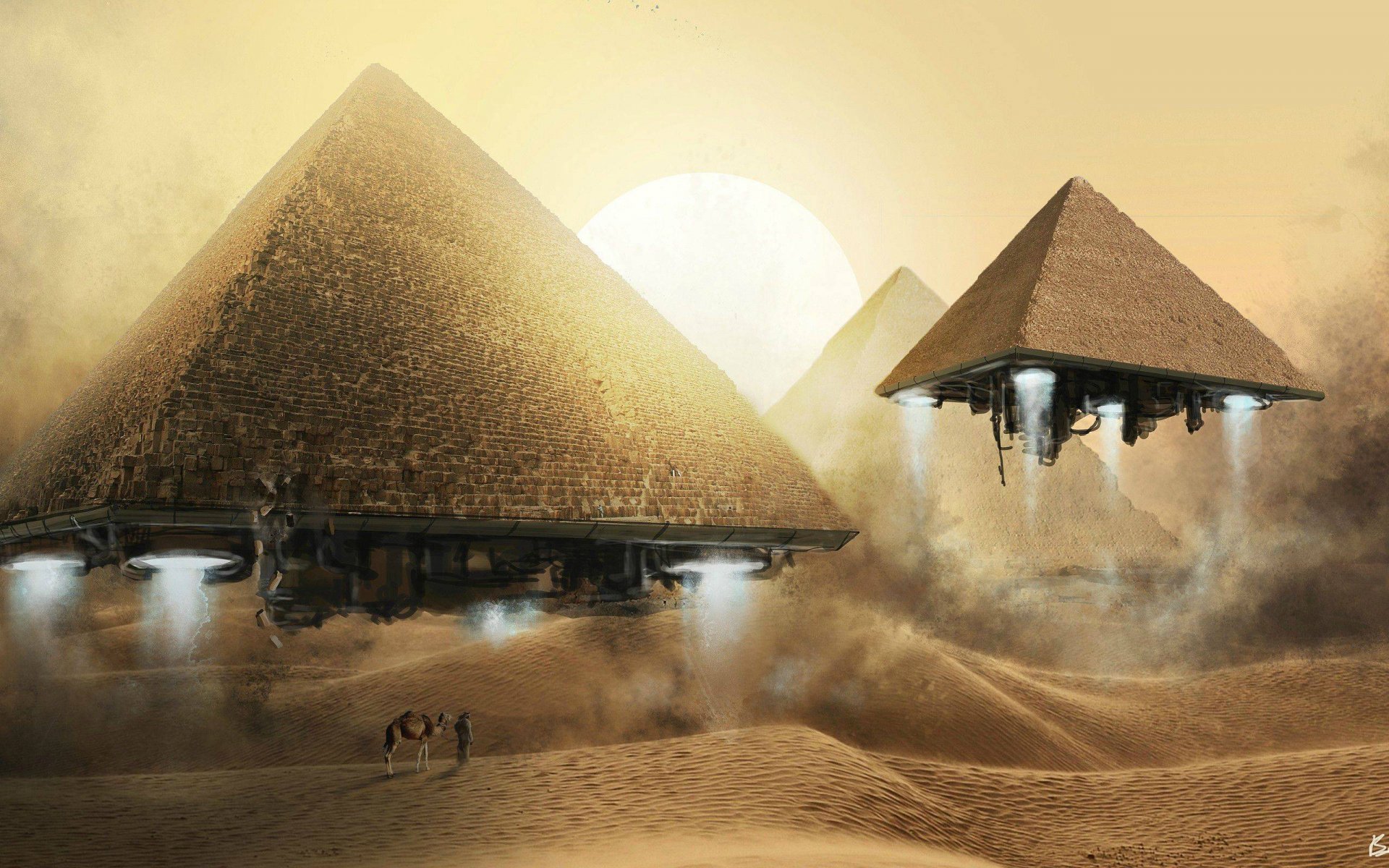 HD PC desktop wallpaper featuring floating pyramids over a desert landscape, inspired by the TV show Stargate SG-1.