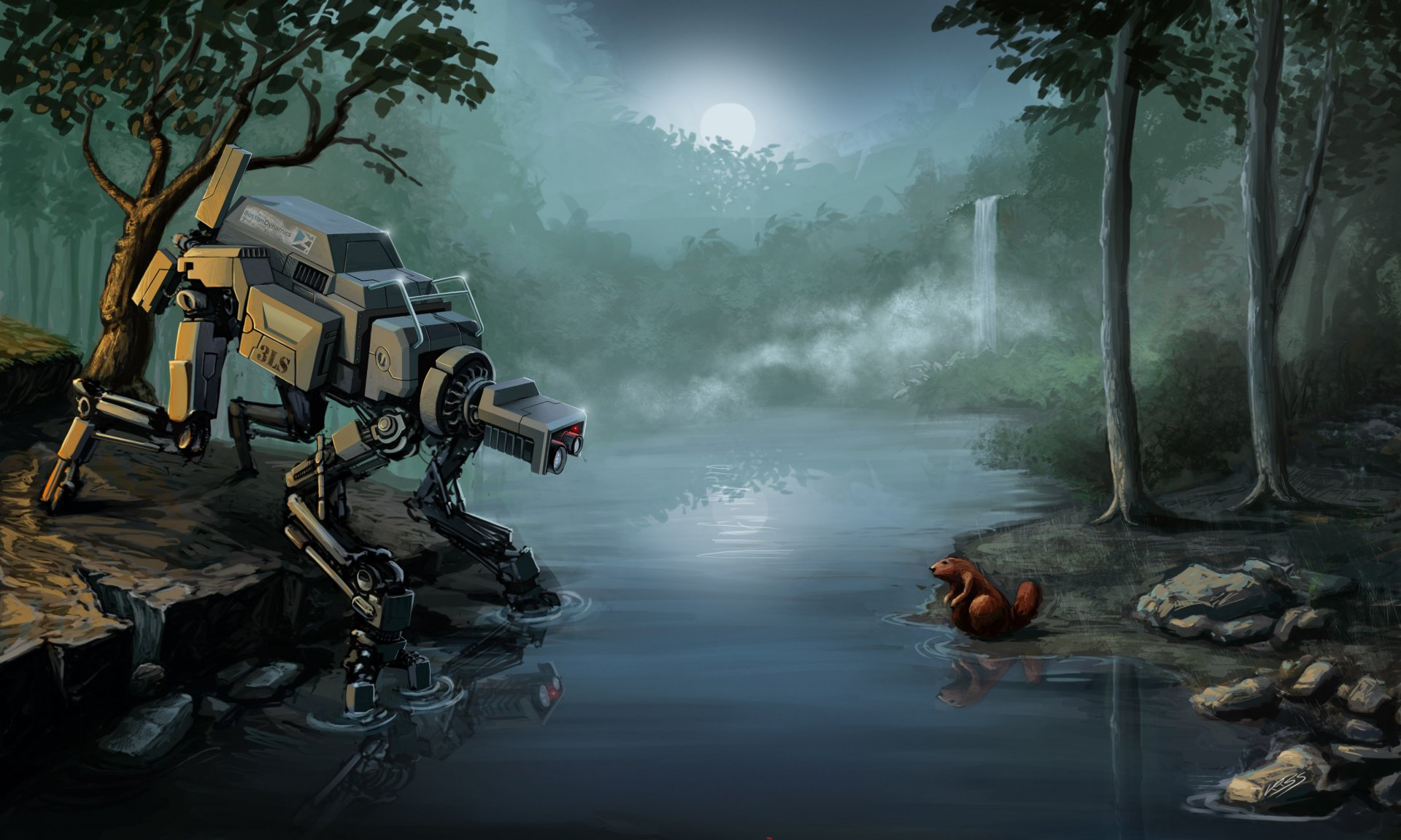 A sci-fi robot with mechanical legs and a camera-like eye crouches by a foggy forest lake, observing a small animal, rendered in 4K Ultra HD for PC desktop wallpaper.