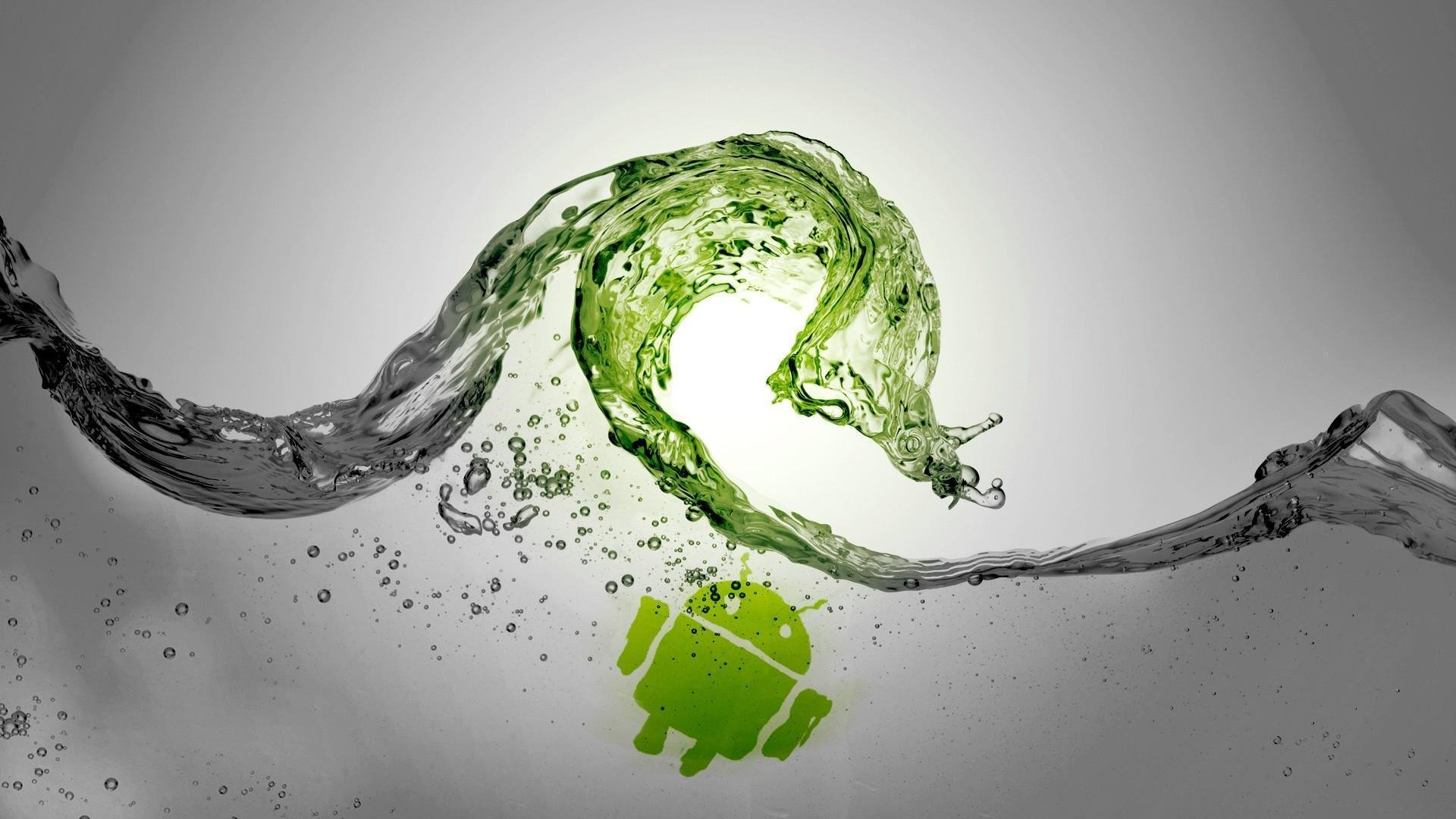 A dynamic HD desktop wallpaper featuring a swirling wave of water with a vibrant green Android logo, embodying a blend of technology and creativity.