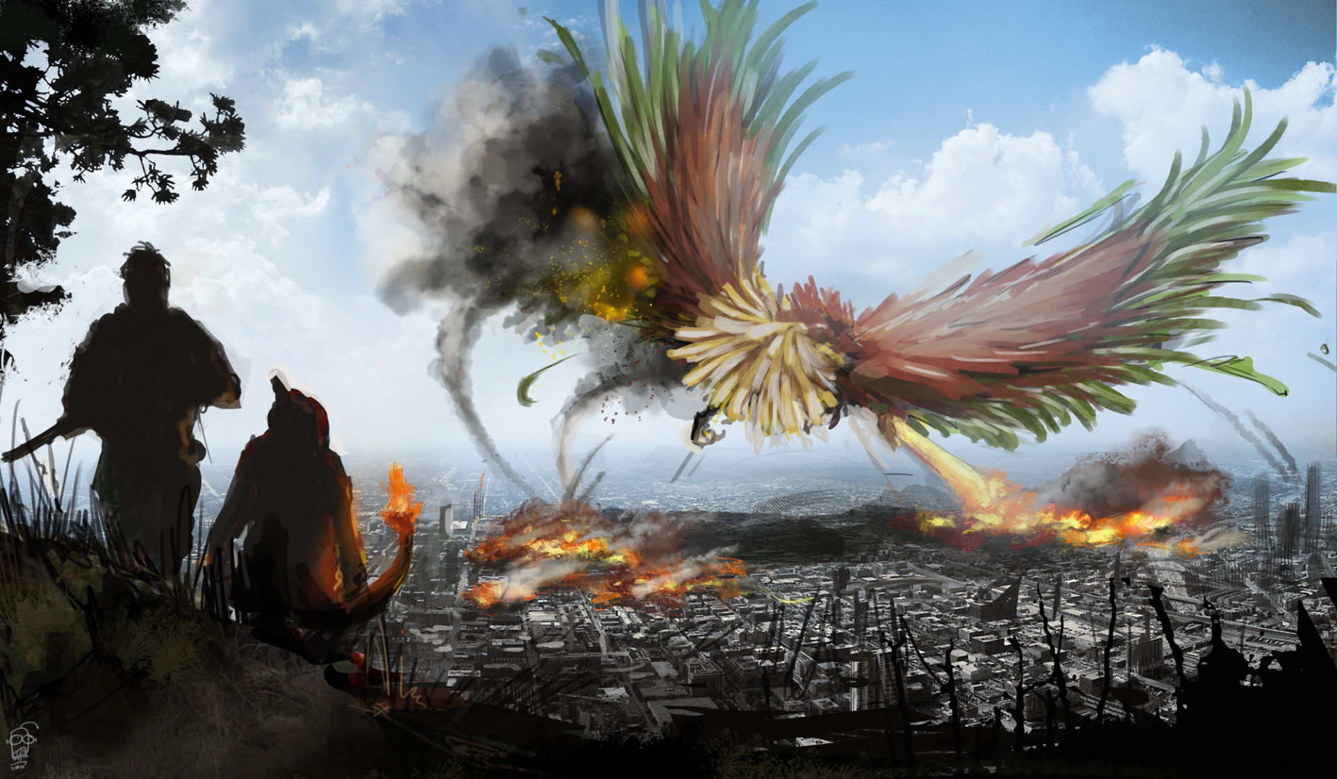 A dynamic HD wallpaper featuring Charmeleon and Ho-oh from Pokémon, set against a dramatic backdrop of a city under siege, capturing the essence of video game adventure.