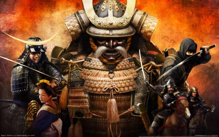 2K Quad HD PC desktop wallpaper for the video game Total War: Shogun 2: towering armored samurai at center, flanked by samurai, ninja and geisha against a fiery sky.