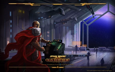 HD desktop wallpaper from the video game Star Wars: The Old Republic, featuring a cloaked figure at a control panel inside a spacecraft overlooking a star-filled void.