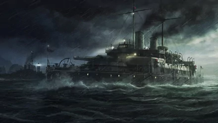 A dramatic HD wallpaper featuring a military ship navigating through stormy waters, surrounded by dark clouds and waves, set against a moody, atmospheric backdrop.