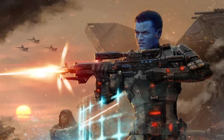 HD PC desktop wallpaper depicting a battle scene from the video game Star Wars: The Old Republic, featuring a blue-skinned soldier firing a large weapon amid futuristic aircraft.