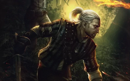 The Witcher 2: Assassins of Kings video game 2K Quad HD PC desktop wallpaper/background: Geralt of Rivia crouched in a dark forest, sword ready with a fiery glow on his silver hair.
