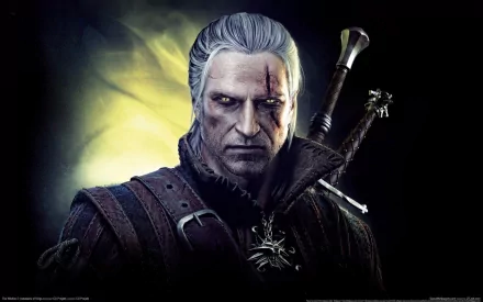 A striking HD wallpaper featuring Geralt of Rivia from the video game The Witcher 2: Assassins of Kings, showcasing his intense expression and iconic witcher gear against a dark backdrop.